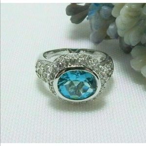 Silver Plated Aqua Blue & Clear CrystalFashion Ring Size 7